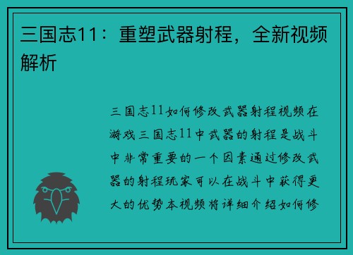 三国志11：重塑武器射程，全新视频解析